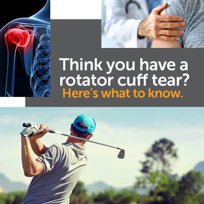 Collage of shoulder diagram, person golfing and doctor holding patient's shoulder