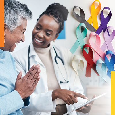 Happy patient and doctor surrounded by different color awareness ribbons