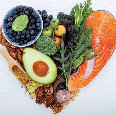 Healthy foods shaped into a heart